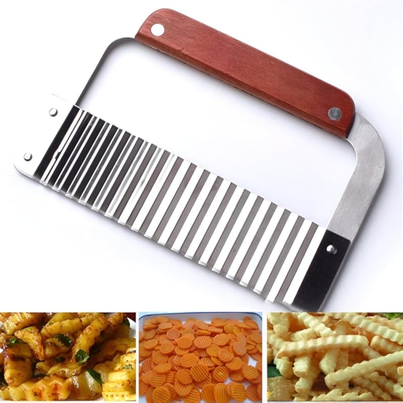Kitchen Gadget - Versatile Stainless Steel Cutter for Making Wavy Fries and Pickles, Featuring a Sturdy Wooden Handle for Comfortable Use
